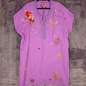 Johnny Was Kaftan Dress Womens 2X Purple Embroidered Linen Boho Western Tunic